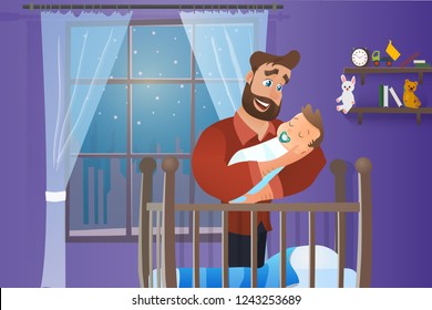 Vector Cartoon Illustration Concept Happy Father. Image Young Bearded Man Holding Newborn Baby. Happiness Cute Baby In Father Hand. Father Puts Baby To Sleep At Night. In Interior Children Room