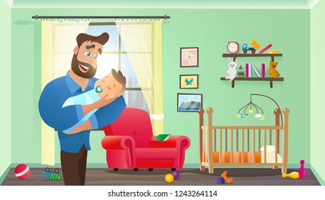 Vector Cartoon Illustration Concept Happy Father. Image Young Bearded Man Holding Newborn Baby. Happiness Cute Baby in Father Hand. Child Room with Furniture for Newborn Baby. Toy Scattered Floor