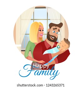 Vector Cartoon Illustration Concept Happy Family. Image Happy Mother Hugging her Smiling Husband Holding Newborn Baby in her Hand. Family Puts Baby to Sleep. In Frame Isolated on White Background