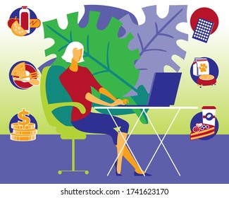 Vector cartoon illustration. Concept of man shopping online. Quarantine, order products online 