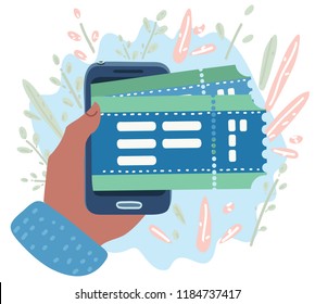 Vector cartoon illustration of concept of online buy cinema ticket. Mobile smartphone with the app to buying tickets. Buy Tickets on the internet with a mobile phone. Human hand hold smartphone.