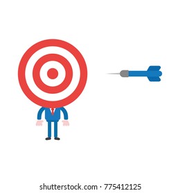 Vector cartoon illustration concept of red and white bulls eye head businessman mascot character with blue dart symbol icon.