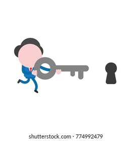 Vector cartoon illustration concept of running faceless businessman mascot character carrying grey key symbol icon to black keyhole.