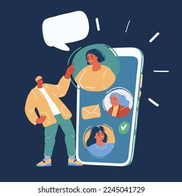 Vector cartoon illustration of concept of successfully sending messages on a smartphone. E-mail. Hands hold the phone and click to send a message.