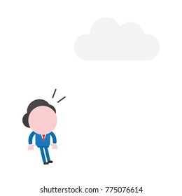 Vector cartoon illustration concept of surprised faceless businessman mascot character looking at grey cloud symbol icon above.