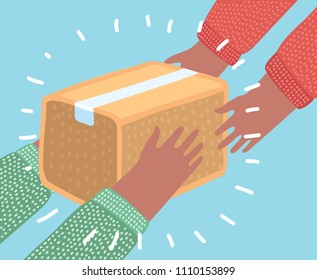 Vector cartoon illustration concept for very fast delivery service. Human hands carrying a box. From Hand to hand.