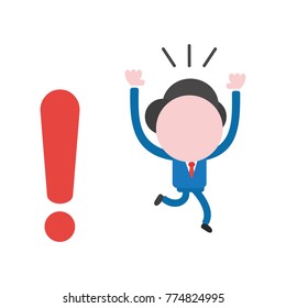 Vector cartoon illustration concept of worried faceless businessman mascot character running away from red exclamation mark symbol icon.