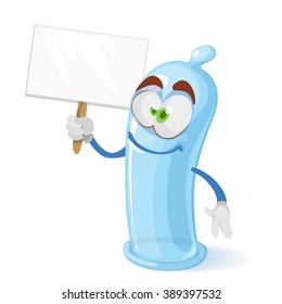 Vector cartoon illustration of a condom mascot character holding a blank sign