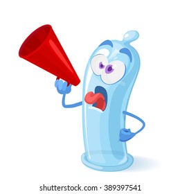 Vector cartoon illustration of a condom mascot character yells into a megaphone