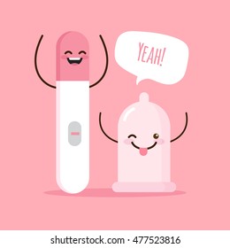 Vector Cartoon Illustration With  Condom And Negative Pregnancy Test. Comic Design Concept