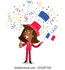Vector cartoon illustration of confetti showering patriotic French woman celebrating the Fourteenth of July giving thumbs up isolated on white background