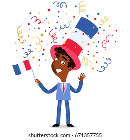 Vector cartoon illustration of confetti showering patriotic French businessman celebrating the Fourteenth of July waving flag isolated on white background