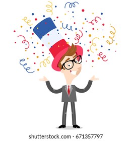Vector cartoon illustration of confetti showering patriotic French businessman wearing hat celebrating Bastille Day