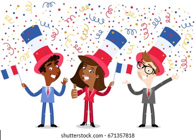 Vector cartoon illustration of confetti showering patriotic group of French business people waving flags celebrating the Fourteenth of July isolated on white background