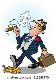 Vector cartoon illustration of a confident business man sliding on a banana peel