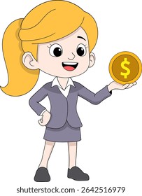 Vector cartoon illustration of a confident businesswoman with blonde hair in a ponytail, wearing a suit and holding a gold coin with a dollar symbol.