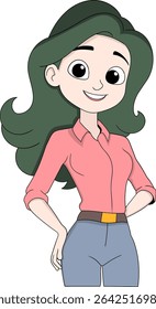 Ilustração em desenho animado vetorial de uma jovem confiante com cabelo verde-escuro longo, vestindo uma camisa rosa e jeans