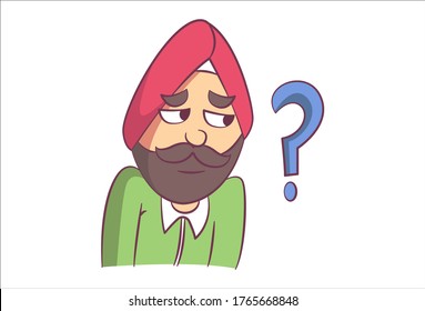 Vector cartoon illustration of confused Punjabi man. Isolated on white background.