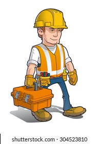 Vector Cartoon Illustration Of A Construction Worker Carrying A Toolkit.