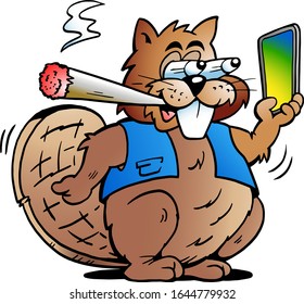 Vector Cartoon illustration of a Cool Beaver smoking a Joint