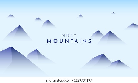 Vector cartoon illustration with copy space for text. Blue mountain tops landscape with fog. Misty nature design. Website or game template with copy space for text. Clear sky. Season scene. Flat style