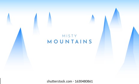 Vector cartoon illustration with copy space for text. Blue mountain tops landscape with fog. Misty nature design. Website or game template with copy space for text. Clear sky. Rock in haze