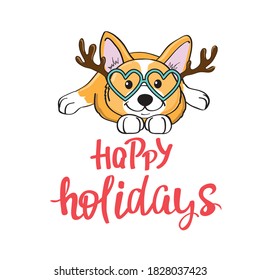 Vector cartoon illustration with corgi dog with Christmas deer antlers. New Year card