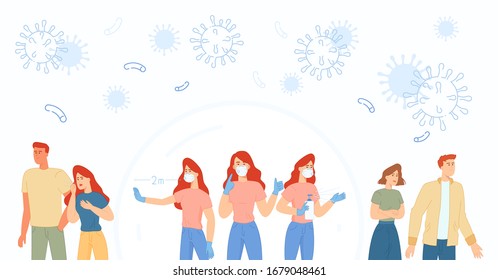 Vector cartoon illustration. Corona virus. Protected from viruses and diseases. Coronavirus control concept COVID-2019. Glass dome. Protection against pollution, infection.Coronavirus outbreak concept