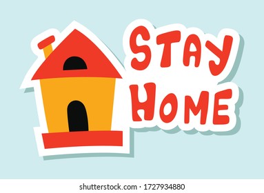 Vector cartoon illustration of corona virus stay home text sticker design. Isolated on colored background.