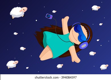 vector Cartoon illustration cosmic lullaby for little girl. Listen to music. Colorful print art.  EPS 10 without mesh