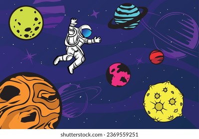 Vector cartoon illustration of a cosmonaut in the space. Hand-drawn vector art.