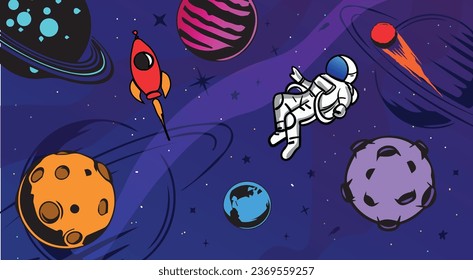 Vector cartoon illustration of a cosmonaut in the space. Hand-drawn vector art.