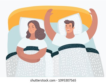 Vector cartoon illustration of couple in bed problems. Offended angry wife. Family psychological problems.