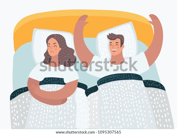 Vector cartoon illustration of couple in bed problems. Offended angry