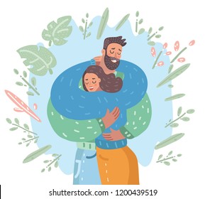 Dibujo vectorial de una pareja de abrazos. Encuentro, despedida feliz familia. Te quiero tarjeta.