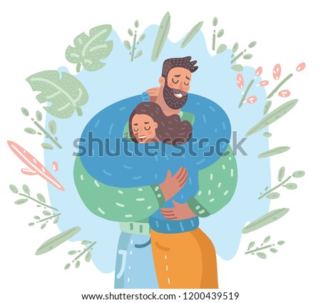 Vector cartoon illustration of couple cuddling. Meeting, farewell Happy family. Love you card.