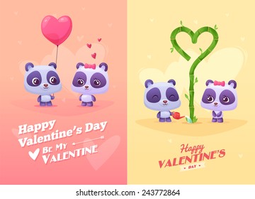 Vector cartoon illustration of couple cute panda. Idea for greeting card with Happy Wedding or Valentine's Day. Cartoon vector illustration. Eps 10