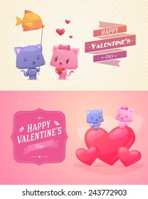 Vector cartoon illustration of couple cute cats.  Idea for greeting card with Happy Wedding or Valentine's Day. Cartoon vector illustration. Eps 10