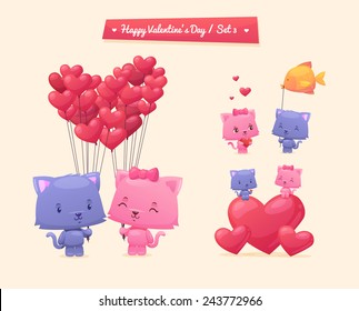 Vector cartoon illustration of couple cute cats.  Idea for greeting card with Happy Wedding or Valentine's Day. Cartoon vector illustration. Eps 10