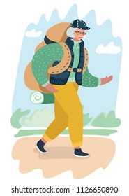 Vector cartoon illustration of couple of elderly woman tourist with backpack.. Travel and tourism at any age concept. Female character on park landscape.