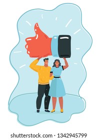 Vector cartoon illustration of couple finger up. Thumb up sign hold tiny people.