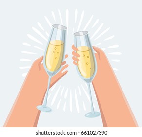 Vector cartoon illustration of couple hand holding champagne glasses
