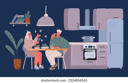 Vector cartoon illustration of couple having dinner in kitchen over dark background