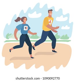 Vector cartoon illustration of Cartoon couple jogging in the city park. the jog-a-Thon, marathon.