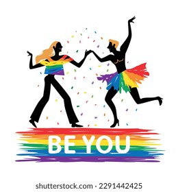 Vector cartoon illustration of a couple lgbt dancing sexy fun be yourself on white background.  Illustration, Colorful Text design, Poster, Card, Vector, Tshirt, Background or wallpaper.  