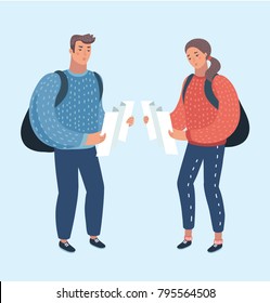 Vector cartoon illustration of couple of lost people travelers with maps. Funny human characters on isolated background.