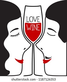 Vector cartoon illustration of a couple of lovers who love wine