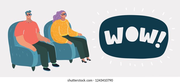 Vector cartoon illustration of couple at the movies. Man and woman sitting at their chairs and look at big screen on white background.