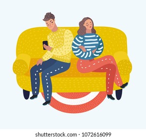 Vector cartoon illustration of couple is offended with each other. They don't talk and look at all. Sitting in sofa. Angry characters.