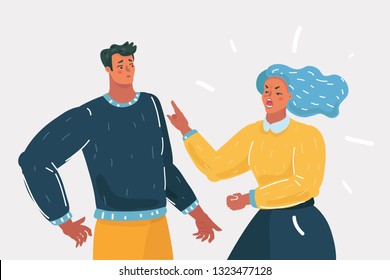 Vector cartoon illustration. Couple of people quarrel and swear. Aggressive woman yell at man. Human character on white background.